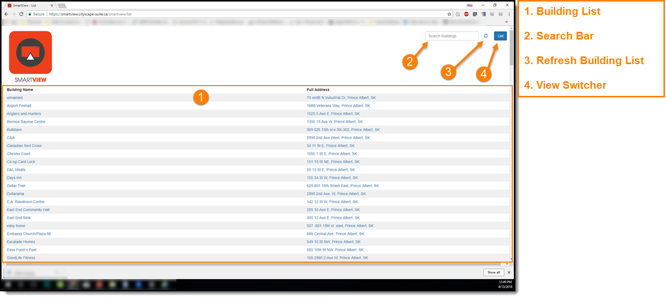 SmartView Building List View (screenshot)